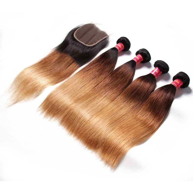 Idolra Hair 4 Bundles Hair With ClosureThree Tone Ombre Straight Human Virgin Hair Weaving